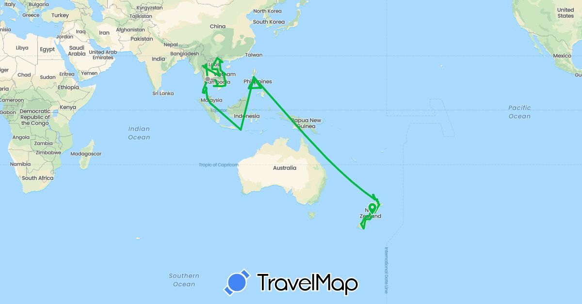 TravelMap itinerary: bus, plane in Indonesia, Cambodia, Laos, Malaysia, New Zealand, Philippines, Singapore, Thailand, Vietnam (Asia, Oceania)